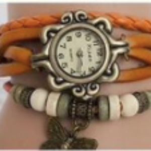 Orange Braided Leather Watch w Beads and Butterfly
